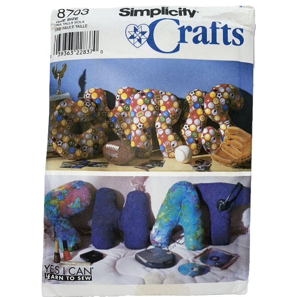 Simplicity Crafts 8703 Stuffed Alphabet Pillows 13” Sewing Pattern Uncut